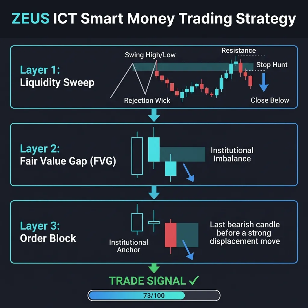 ZEUS ICT detection pipeline: liquidity sweep, fair value gap and order block feeding one confluence score